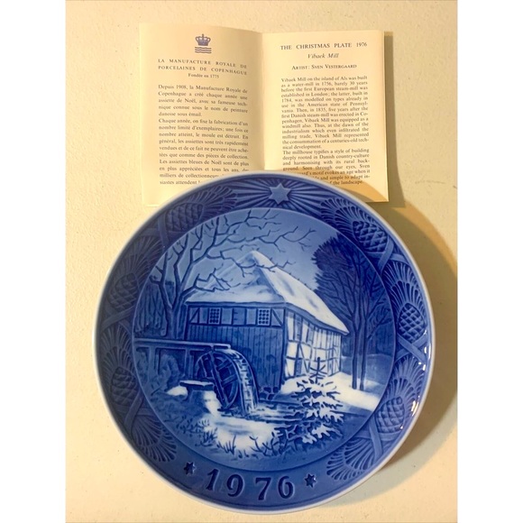Bing & Grondahl Other - VIBAEK WATER MILL 1976 Plate Royal Copenhagen Denmark Danish Christmas Blue